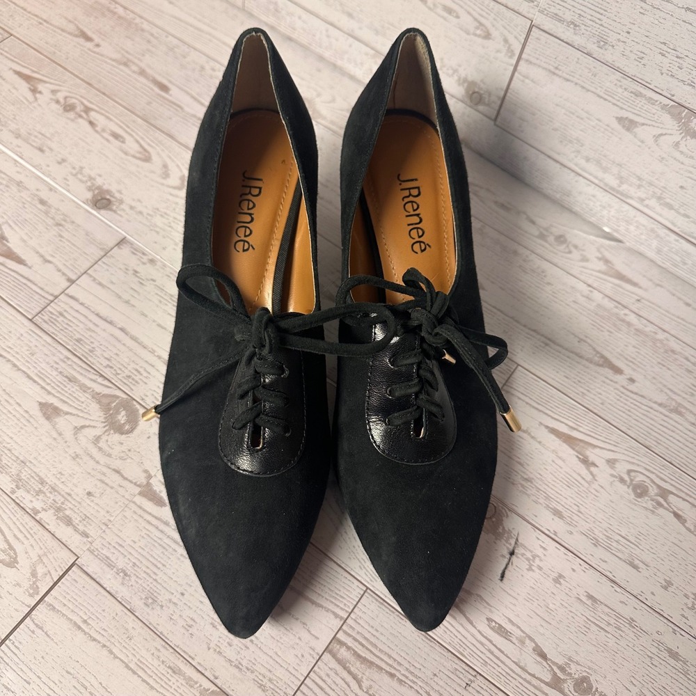 J. Renee Black Suede Lace Up Pointed Toe Block Heel Officecore Pumps Womens 7.5M - Picture 2 of 9